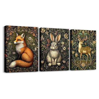 Renard, lapin, cerf, toile, art mural pour le salon, chambre à coucher, 12 po x 16 po x 3 pièces, décoration gothique vintage, décoration murale, décor de salle de bain, animaux sauvages, bureau