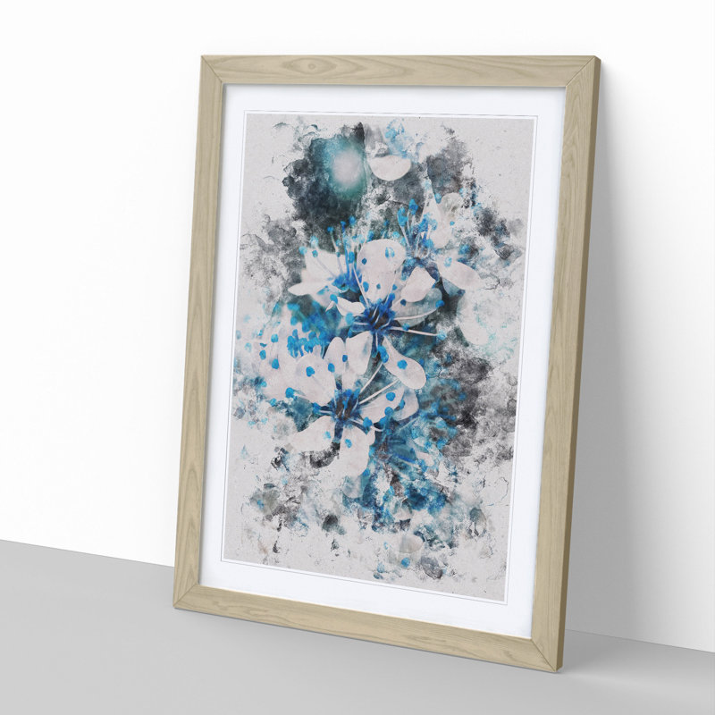 Blue Cherry Tree Flowers - Picture Frame Graphic Art, Oak, 36cm H x 27cm W x 2cm D