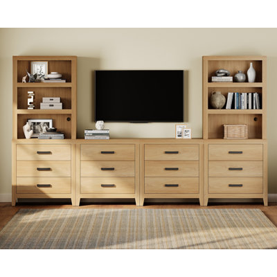 Entertainment Center With Bookshelves, Farmhouse TV Stand For 70 Inch TV, Wood Media Console With Adjustable Shelves And 12 Storage Drawers For Living Room, Bedroom,Oak