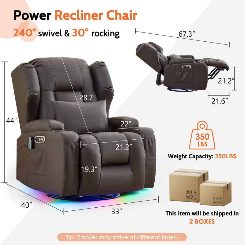 Fauteuil inclinable, berçant et pivotant à deux moteurs avec massage et chaleur, cuir d'unité centrale brun, 2 fauteuils