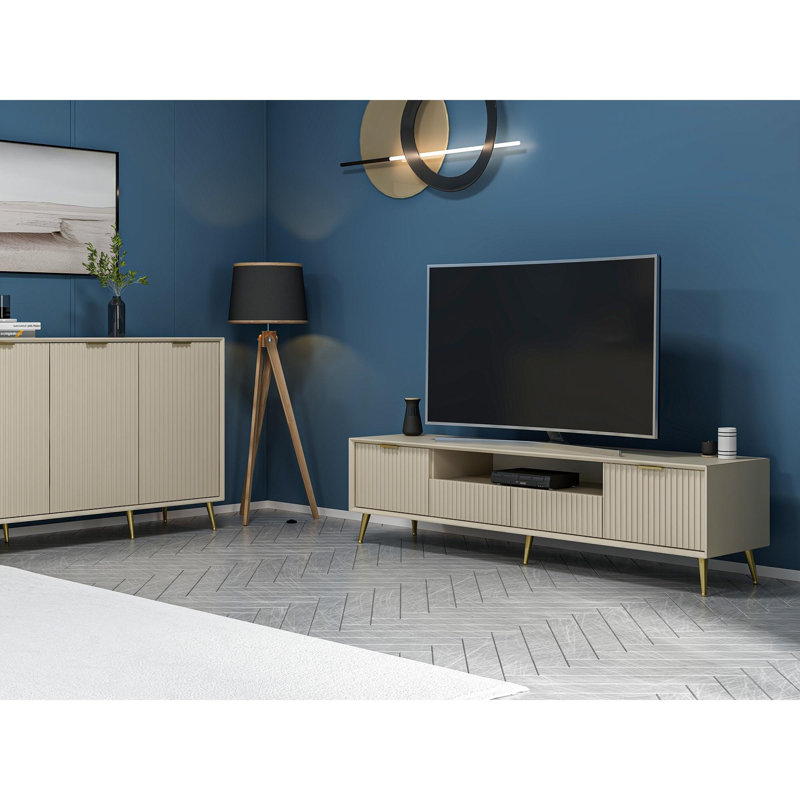 Meuble télé moderne de couleur grès 70,9 po x 17,7 po x 13,8 po | 100% panneau de particules enduit de mélamine, épaisseur: 0,7 pouce | Conception élégante et fonctionnelle pour le salon et les espaces de divertissement, finition durable et éléga