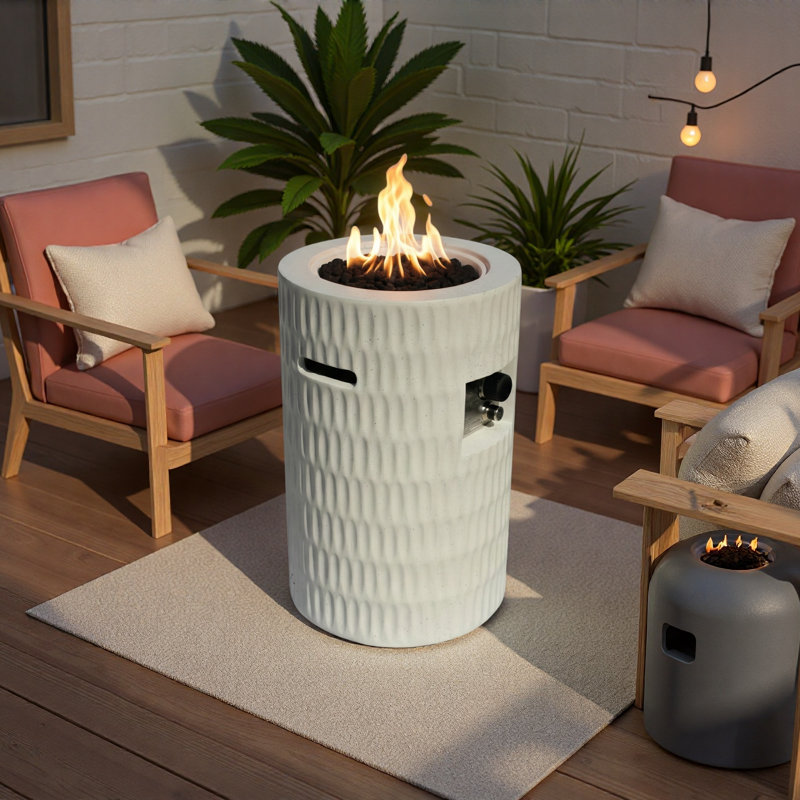 Foyer au propane 26 po, foyer d'extérieur au gaz pour patio 40 000 BTU, foyer en béton cylindrique avec réservoir caché de 20 lb, colonne de feu moderne texturée, avec pierres de lave et couvercle imperméable