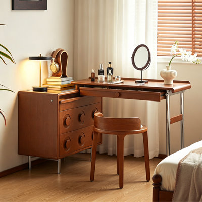 Coiffeuse modulaire en bois d'hévéa de style milieu du siècle (100 cm) – Commode indépendante séparable, tiroirs à compartiments multiples, pieds réglables en acier inoxydable, glissières silencieuses, meuble de rangement et coiffeuse multifonctionnel pour chambre à coucher