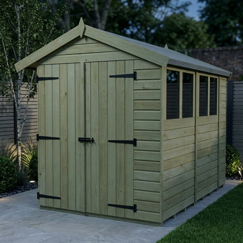 Total Sheds 8ft x 10ft Apex Garden Shed - Double Door - With Windows - Pressure Treated Timber - UK Manufactured