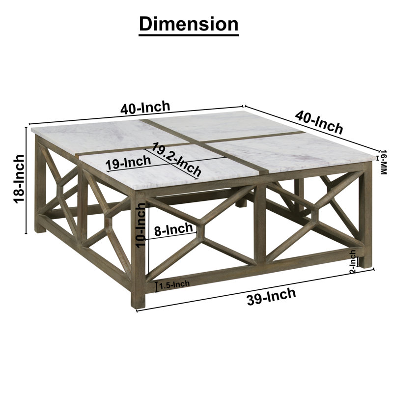 Karlotte Coffee Table, 40 Inch Square White Genuine Marble Top, Sandblasted Washed Ash Gray Mango Wood Geometric Frame