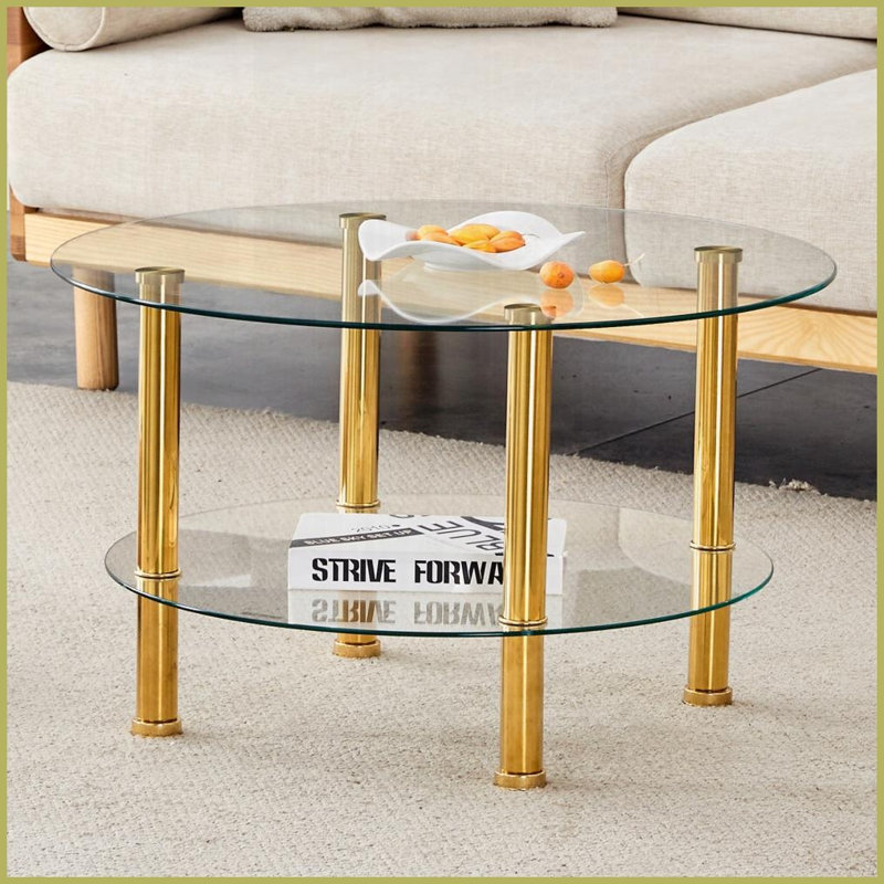 Table basse contemporaine en verre trempé à double couche avec pieds dorés, facile à nettoyer et amp; Rangement ouvert, Doré