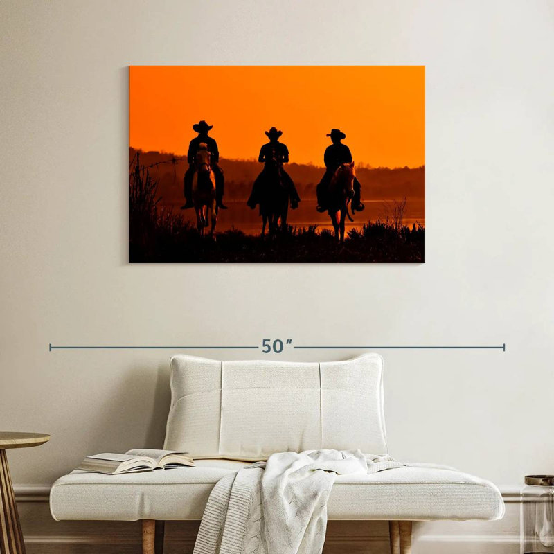 Cowboys au coucher du soleil, H 26 po x l 39 po