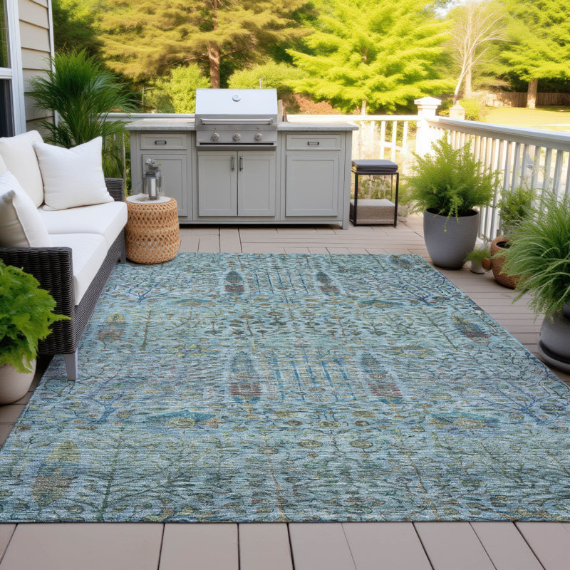 Tapis bleu sarcelle lavable à la machine intérieur / extérieur Xhevrie, Rectangle 10 pi x 14 pi