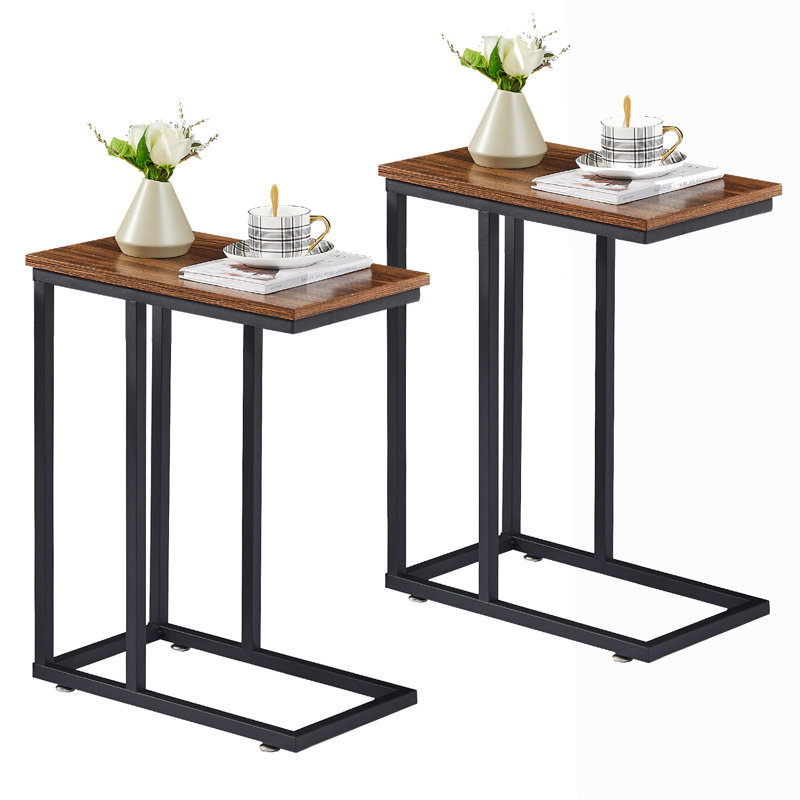 Camillie C Shaped End Table TV Tray Set, Brown Top/Black Base