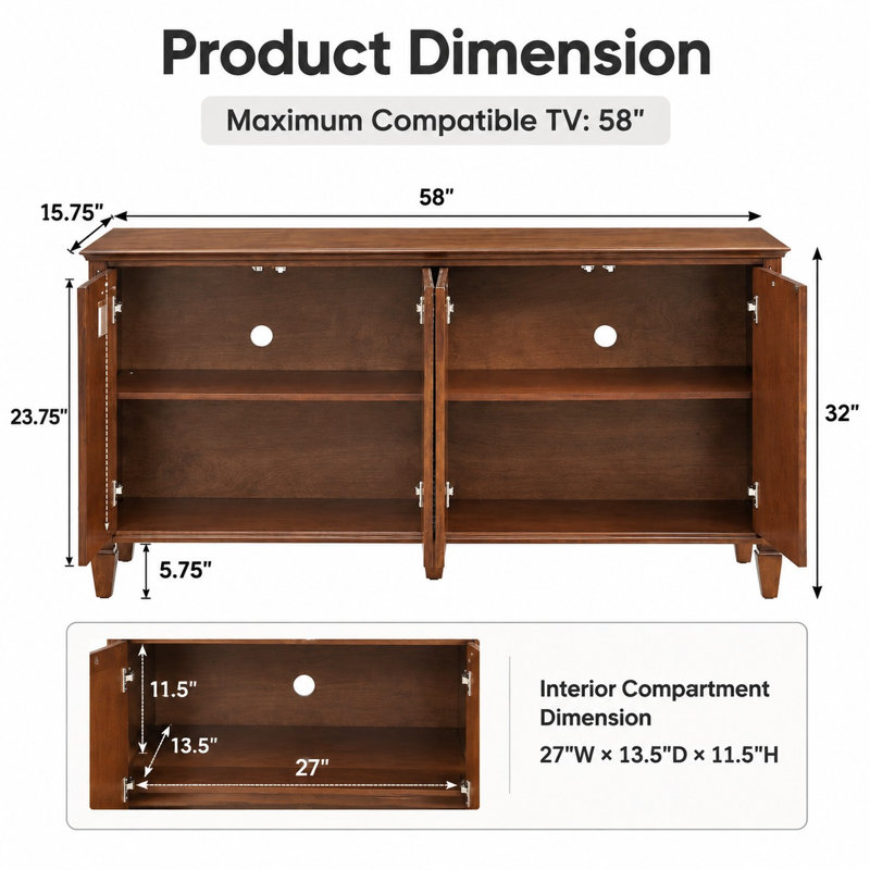Meuble télé de style Mid-Century de 58 pouces avec portes cannelées géométriques