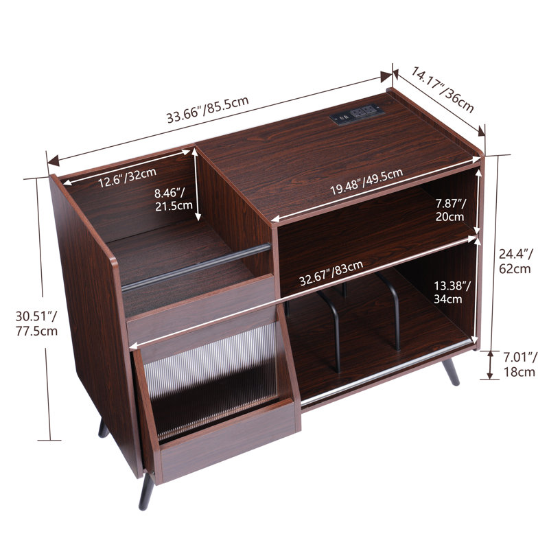 Large Dark Brown Wood Record Player Stand with LED Light and Power Outlet