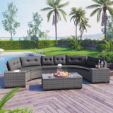 8-pieces Outdoor Wicker Round Sofa Set, Half-Moon Sectional Sets All Weather, Curved Sofa Set With Rectangular Coffee Table, PE Rattan Water-resistant and UV Protected, Movable Cushion