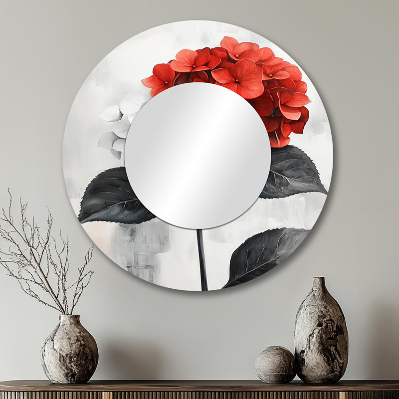 Monochrome Hydrangeas With Red Petal Accent I - Traditional Decorative Mirror Wall Art, 29" x 29"