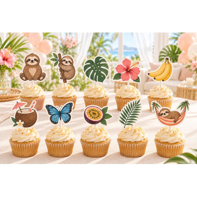 Sloth Celebration Cupcake Toppers, 10 Different Tropical Designs, Cardstock Birthday Decorations