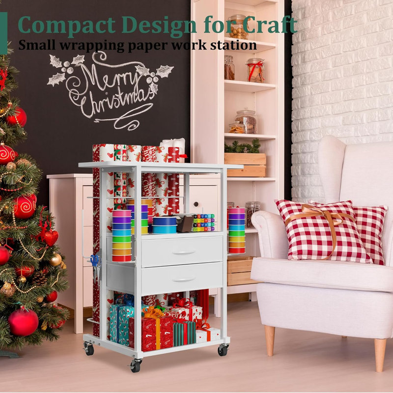Wrapping Paper Storage Cart With 12 Rolls Wrapping Paper Organizer Holder, Rolling Craft Cart With 2 Fabric Drawer, Gift Wrapping Station With 4 Hooks Storage Ribbons And Gift Bags, Spave Saving