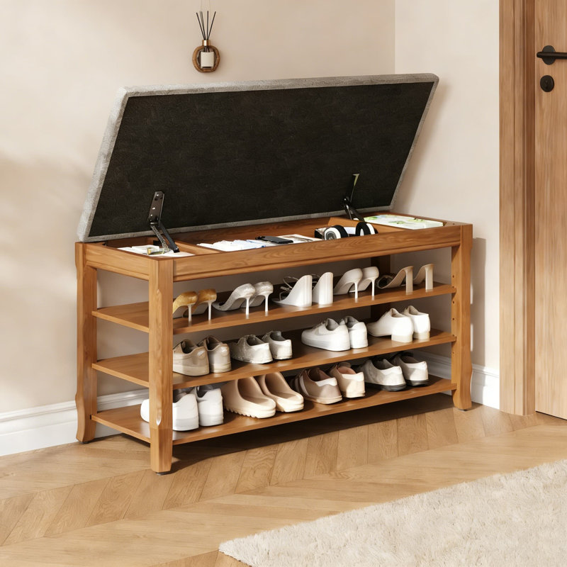 Banc pour chaussures en bois massif avec rangement, couvercle rabattable à fermeture en douceur, tablettes réglables, range-chaussures rembourré pour le couloir