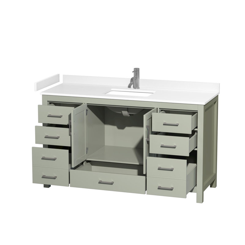 Sheffield 60" Freestanding Single Bathroom Vanity with Cultured Marble Top, White Cultured Marble, Light Green