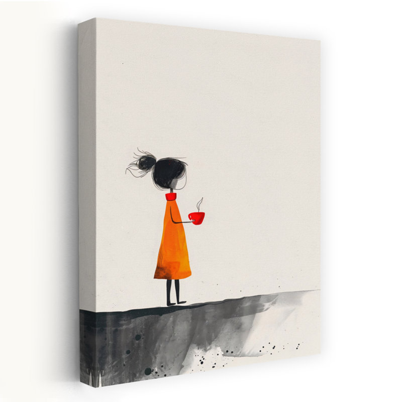 «Contemplative Girl with Coffee», art mural contemporain, H 48 po x l 32 po