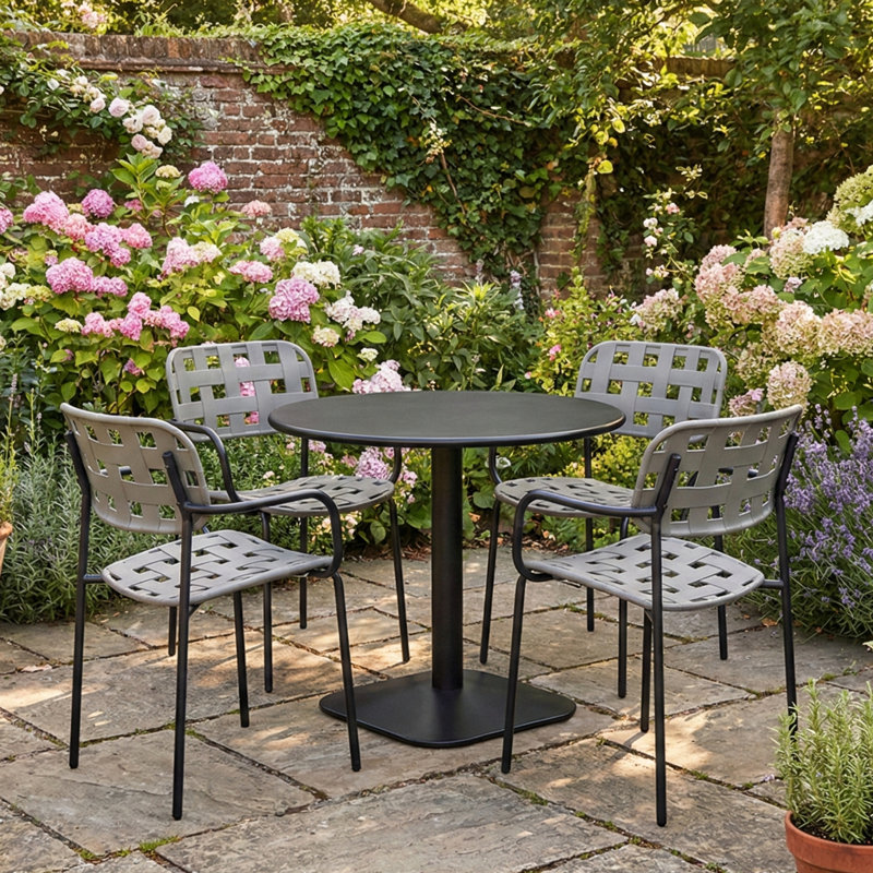 ALBIN 80 Round Table  With 04 KARIN Armchair  Set, Black/Grey