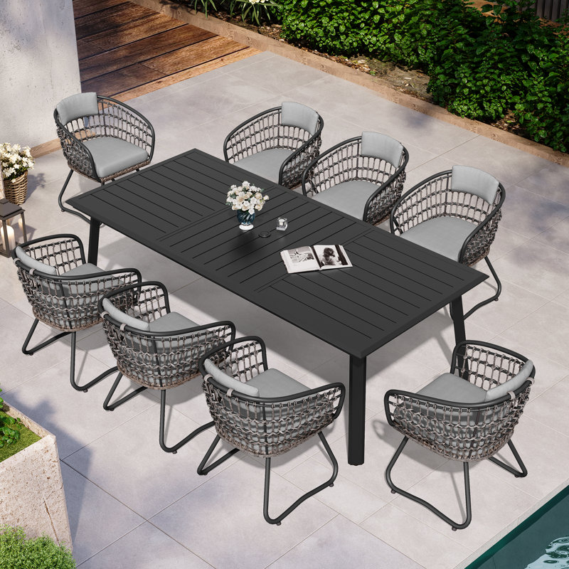 8 - Person Rectangular Aluminum Dining Set with Gray Removable Cushions  and Umbrella Hole (Set of 9), Gray