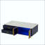 Table basse moderne bleue avec portes en verre, tiroirs et lumières RVB