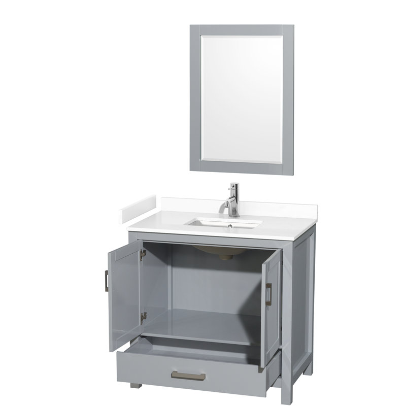 Sheffield 36" Freestanding Single Bathroom Vanity with Cultured Marble Top with 24" Mirror, White Cultured Marble, Gray