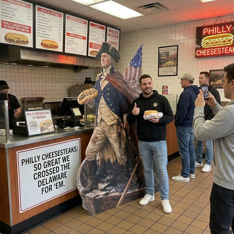 H25951 Washington Crossing Delaware avec découpe debout en carton Cheesesteak