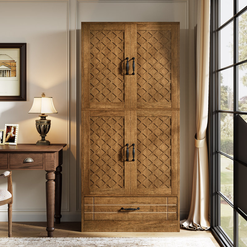 Tall Brown MDF Bookcase with Diamond Carved Cabinet and Drawer