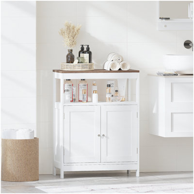 Modern Storage Cabinet with Double Doors, Free-Standing Bathroom Cabinet with Adjustable Shelf and Natural Wood Top, Multi-Purpose Organizer for Kitchen, Living Room, Bathroom or Entryway – White