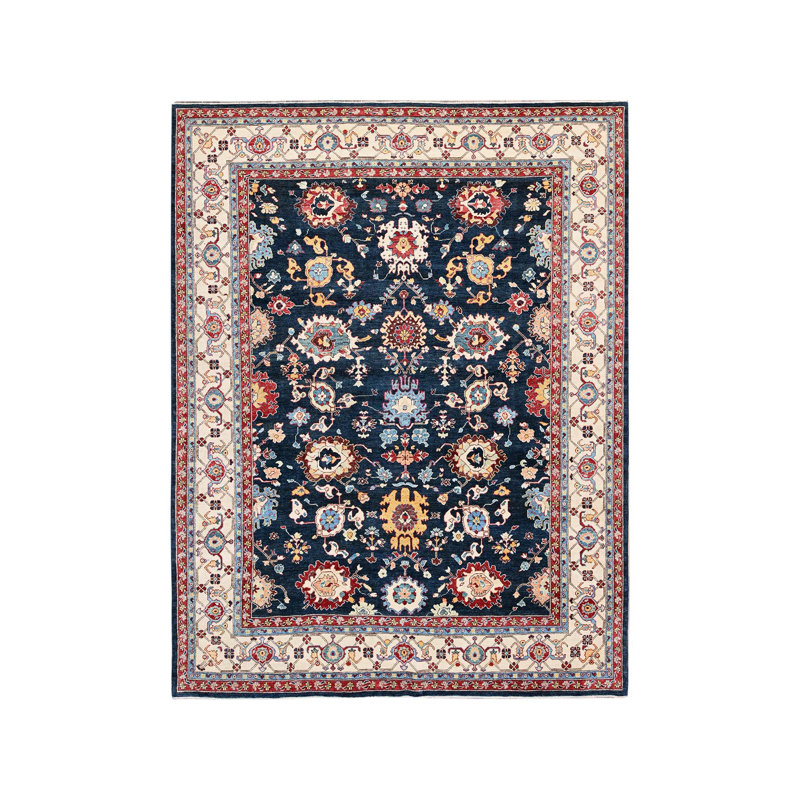 Tapis oriental rectangulaire bleu en laine noué à la main 9 pi 0 po x 11 pi 7 po - MOA102317