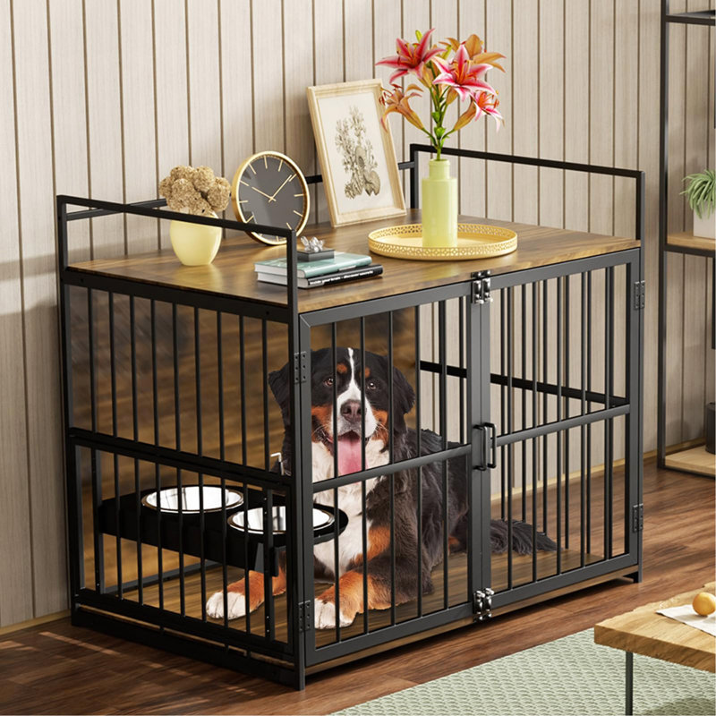 Furniture Style Large Dog Crate With 360° & Adjustable Raised Feeder For Dogs 48"