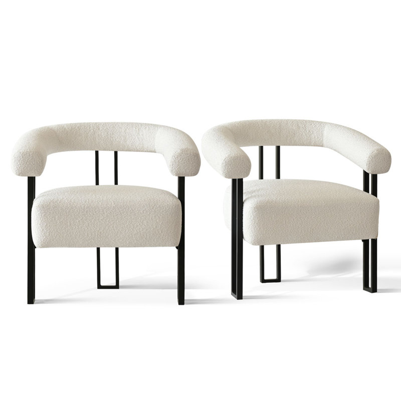 Set of 2 Upholstered 29.5" Wide  3-Legs Accent Chair, Beige Boucle