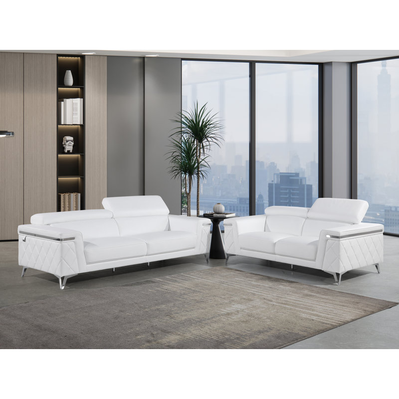 Ensemble de salon 2 pièces en cuir fleur italien, Cuir véritable blanc