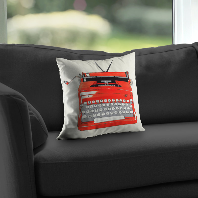 Red Typewriter Machine - Beige Illustrative Poly Twill Throw