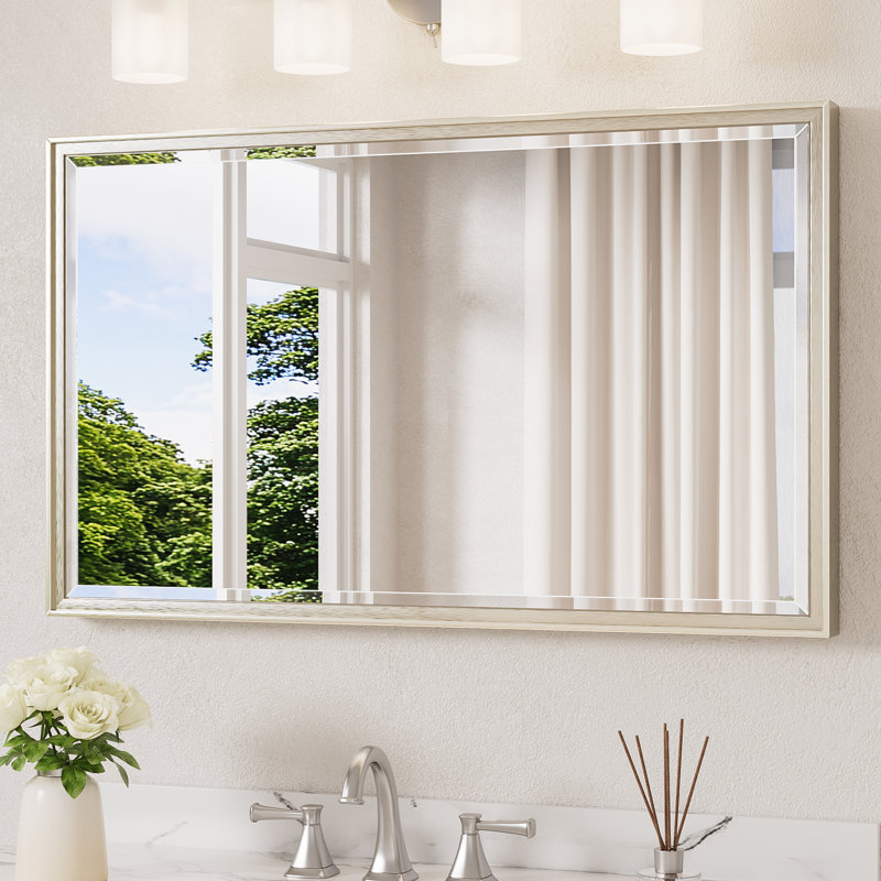 Rectangle Beveled Bathroom Accent Vanity Mirror with Aluminum Frame Tempered Glass , 40" x 24", Brushed Nickel