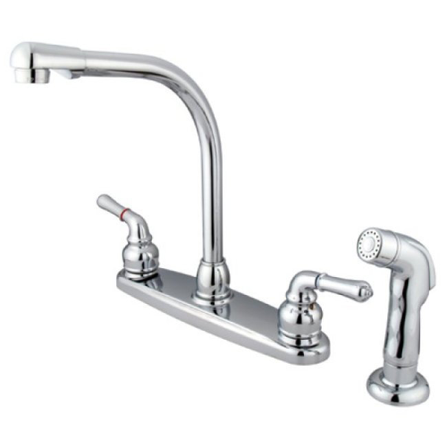 Kingston Brass Magellan Two-Handle 4-Hole 8" Centerset Kitchen Faucet with Side Sprayer, Polished Chrome