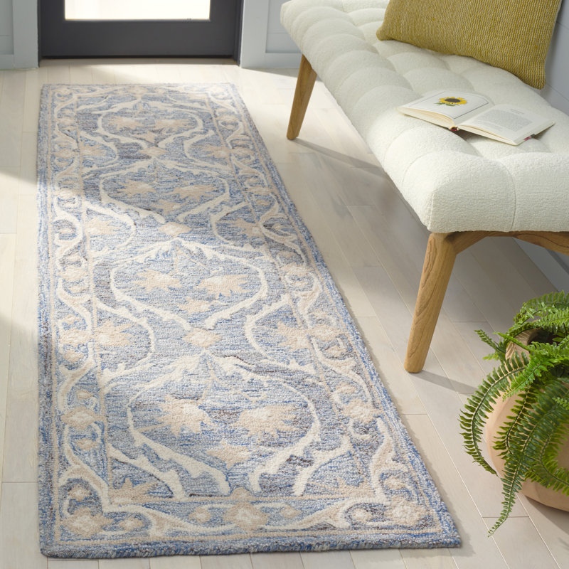 Tapis damassé en laine / coton bleu / ivoire Bornie, Tapis de couloir 2 pi 3 po x 8 pi