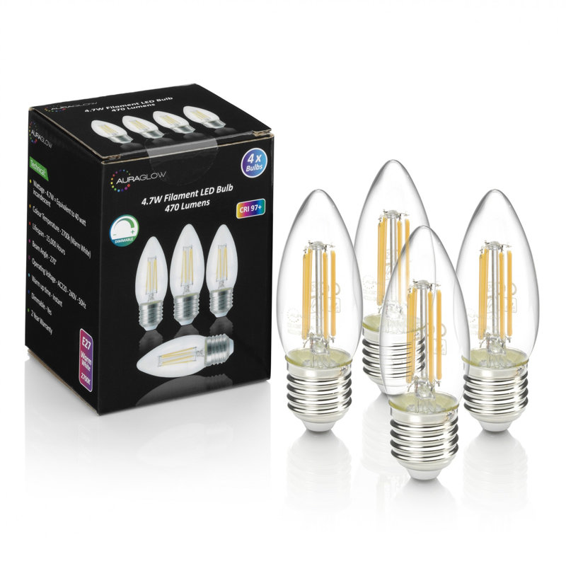 Auraglow 4.7W Filament Led Bulb E27 Candle Warm White - 4 Pack