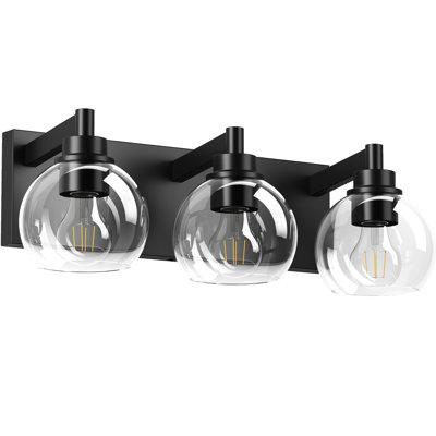 3 lumières pour appliques de salle de bain avec abat-jour en verre transparent et finition noir mat - utilisation intérieure, eau, meuble-lavabo à douille E26 3 lumières, abat-jour, plafonnier semi-encastré,