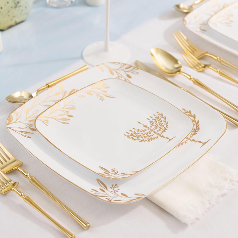 Ensemble de 24 assiettes éco-carrées blanches de style Hanoucca avec motif doré