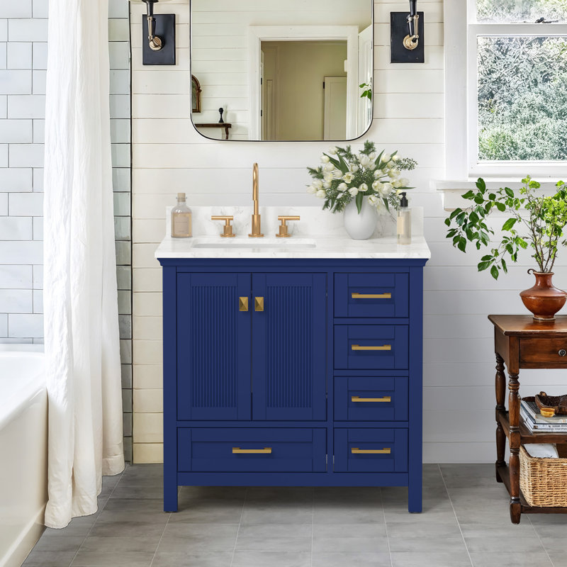 36" Fully Assembled Single Bathroom Vanity With Carrara Marble Top And Backsplash, Navy / Gold, 36"