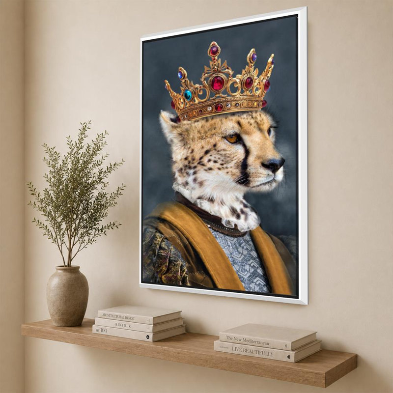 Cheetah King par CAD Designs - Impression sur toile, H 60 po x l 40 po, Cadre flottant biseauté, Blanc