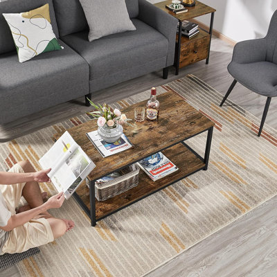 Industrial 2-Tier Coffee Table With Storage Shelf, Sturdy Metal Frame Wooden Side End Table For Living Room, Rustic Brown