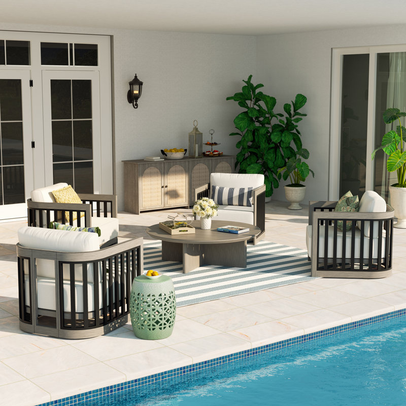Sereno Patio 4 Person Aluminum Conversation Set With Round Coffee Table And Club Chairs And Cushions, Smoked Gray