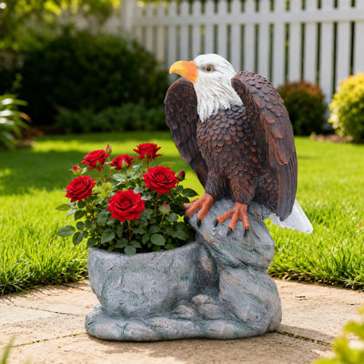 Statue de jardin debout aigle sur une base en fausse pierre - Pot de fleurs décoratif rustique pour l'extérieur et l'intérieur