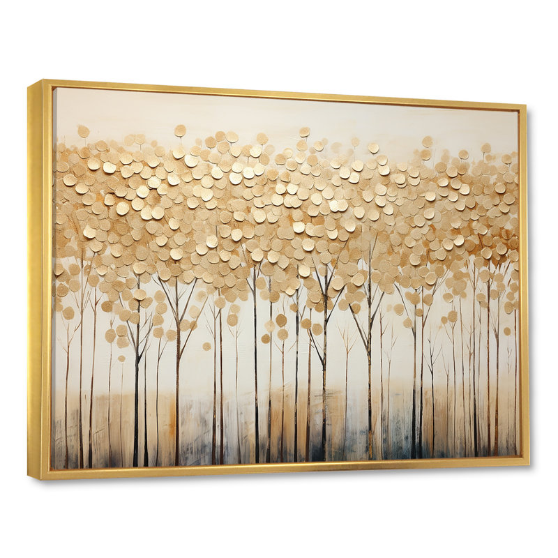 Minimalisme Golden Trees Harmony sur toile, Cadre flottant doré, H 24 po x l 32 po x P 1 po