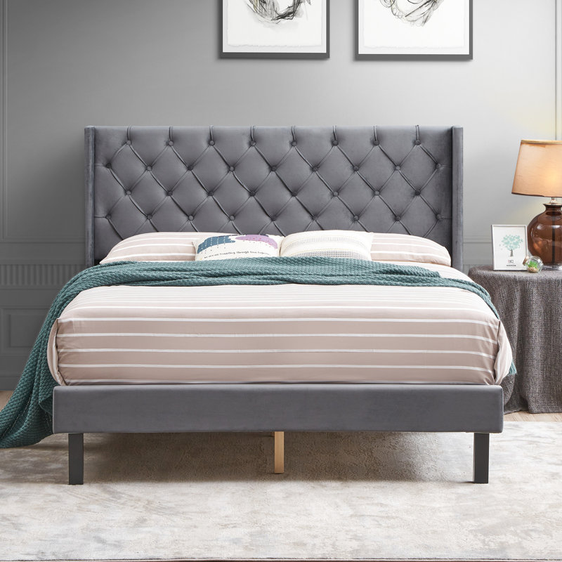 Velvet Button Upholstered Queen Bed - Wood Slat Construction Gray Color Scheme Size With Upholstery And Solid Support