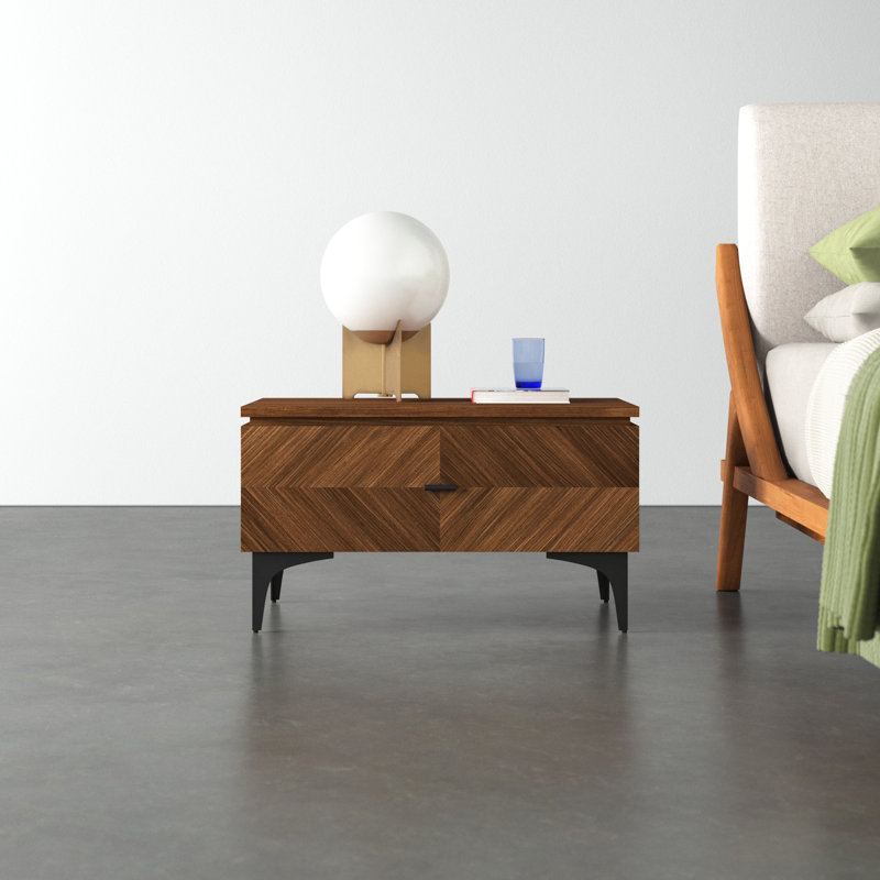 Walnut Veneer Rectangular Nightstand with Black Metal Handle