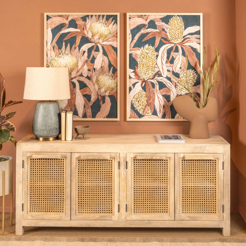 Mango Wood and Cane Sideboard with 4 Doors and Interior Shelf, Natural