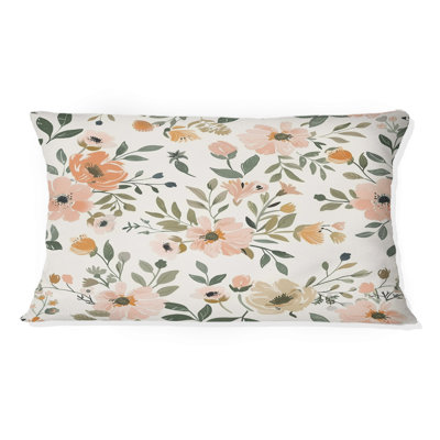 Peach Green Soft Vintage Flower Paradise III - Floral Lumbar Pillow